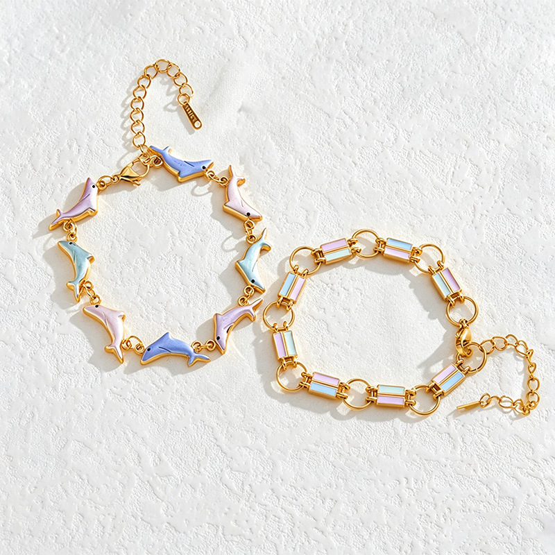 Cute and soothing ocean-themed colorful dolphin bracelet, a unique and versatile design, stainless steel geometric square bracelet for women
