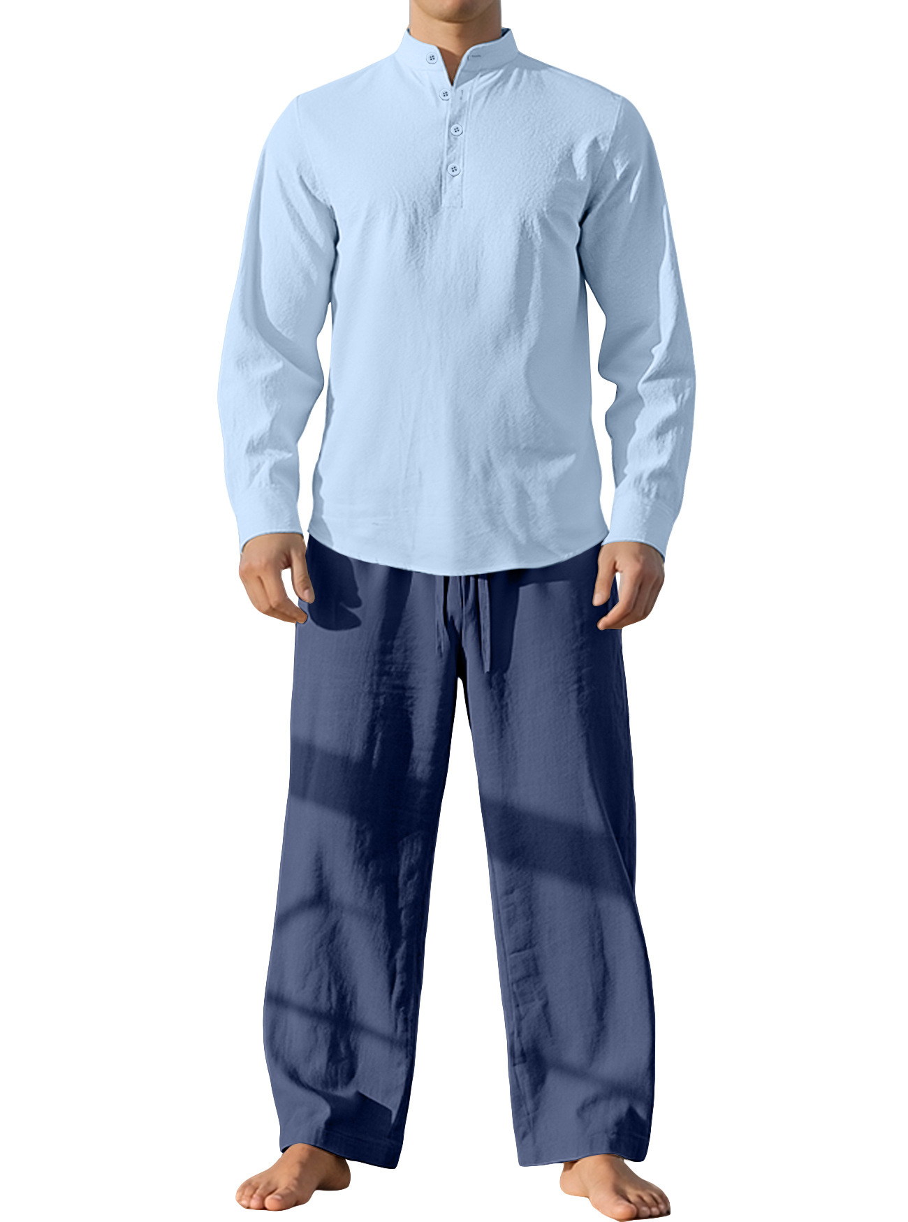 Nuevo transfronterizo Europa y América primavera y otoño delgada camisa de mangas largas deportiva de cuello vertical camisa de color sólido de algodón y lino para hombres