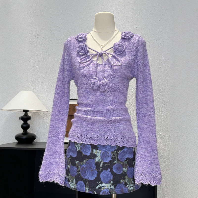 2026 Fall/Winter New Gentle Style V-neck Vintage Three-dimensional Floral Alpaca Wool Knit Sweater with a Stylish Atmosphere 2026 Fall/Winter New Gentle Style V-neck Vintage Three-dimensional Floral Alpaca Wool Knit Sweater with a Stylish Atmosphere