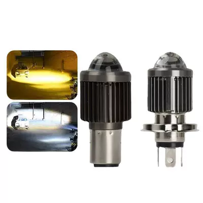 Motorcycle Headlight, Electric Vehicle Fisheye Spotlight, Led Headlight with Built-In Mini Projector, H4 High and Low Beam Integrated, Dual Color Yellow and White