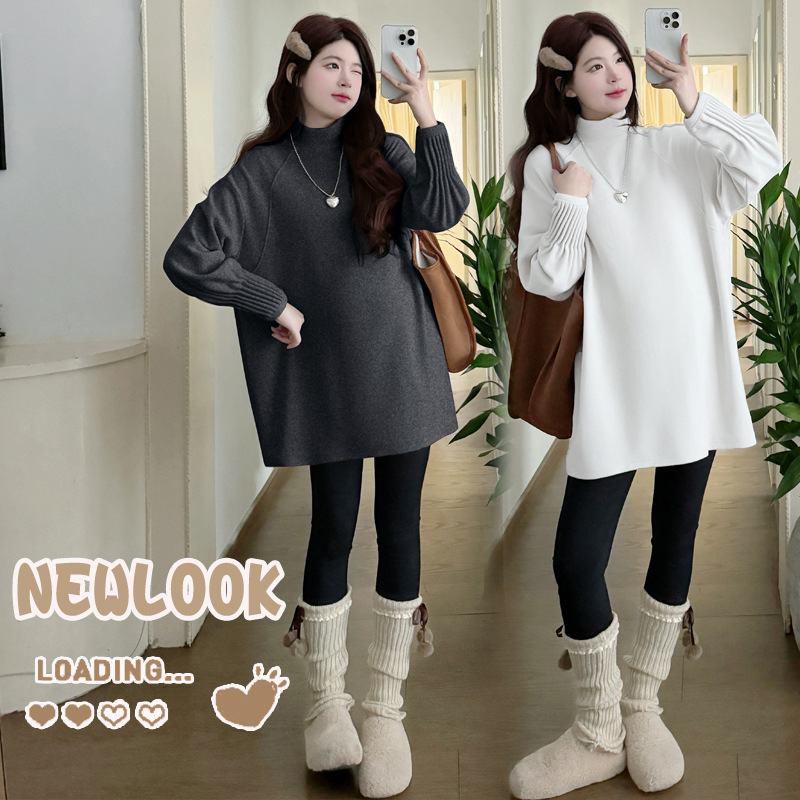 In Stock: Maternity Winter Clothing, Fleece-Lined, Thick, Loose-Fitting, Ultra-Soft Base Layer Top, Long Style That Can Cover the Hips