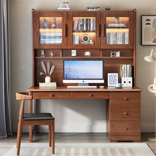 Solid Wood Desk Computer Desk Bookshelf Bookcase Integrated Combination Children's Study Table and Chair Bedroom Student Writing Desk Home