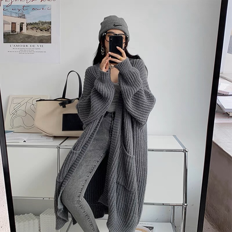2025 Autumn and Winter Korean Style Lazy Style Mid-Length Thick Wool Sweater Jacket Women's Loose Long Sleeve Knitted Cardigan Thickened