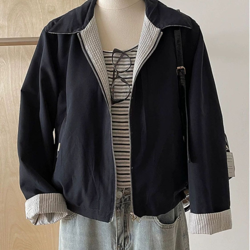 Spring New Retro Striped Color-Blocked Jacket 2025 Reversible Lapel Couple's Matching Coat Spring New Retro Striped Color-Blocked Jacket 2025 Reversible Lapel Couple's Matching Coat
