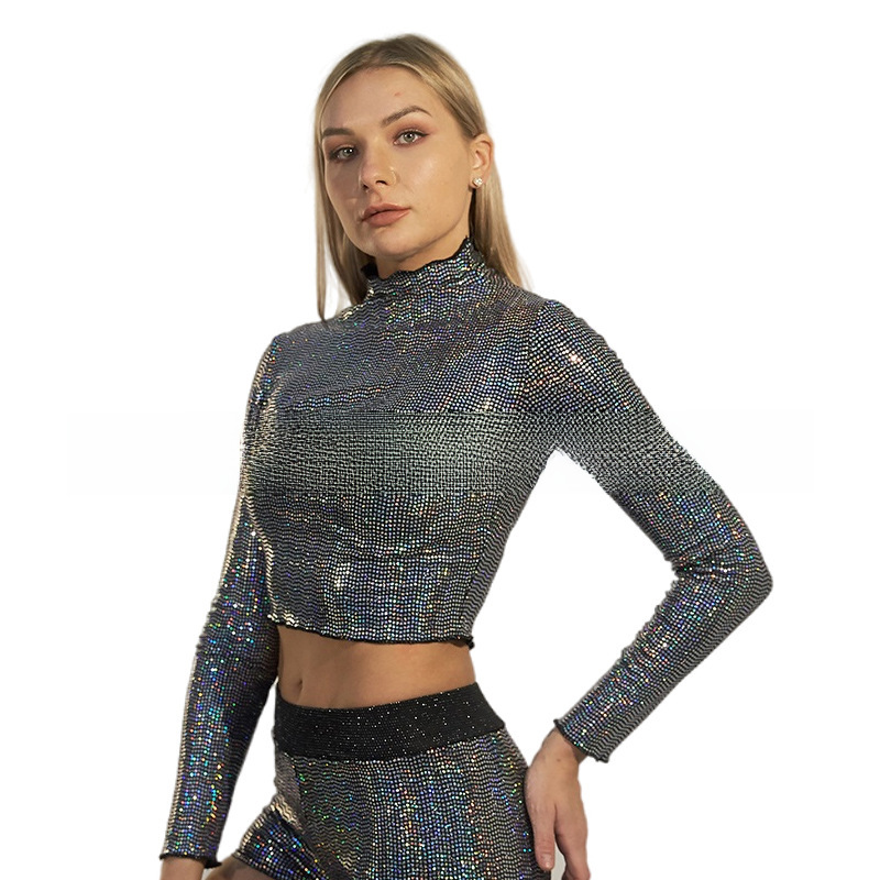 Foreign trade fashion high collar long sleeve women's bottoming shirt sequined stage wear diamond-embedded T-shirt short slim-fit navel wear