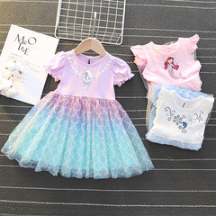 Frozen Elsa Princess Dress Girls Summer Short Sleeve Printed Dress Cartoon Mermaid Infant Skirt