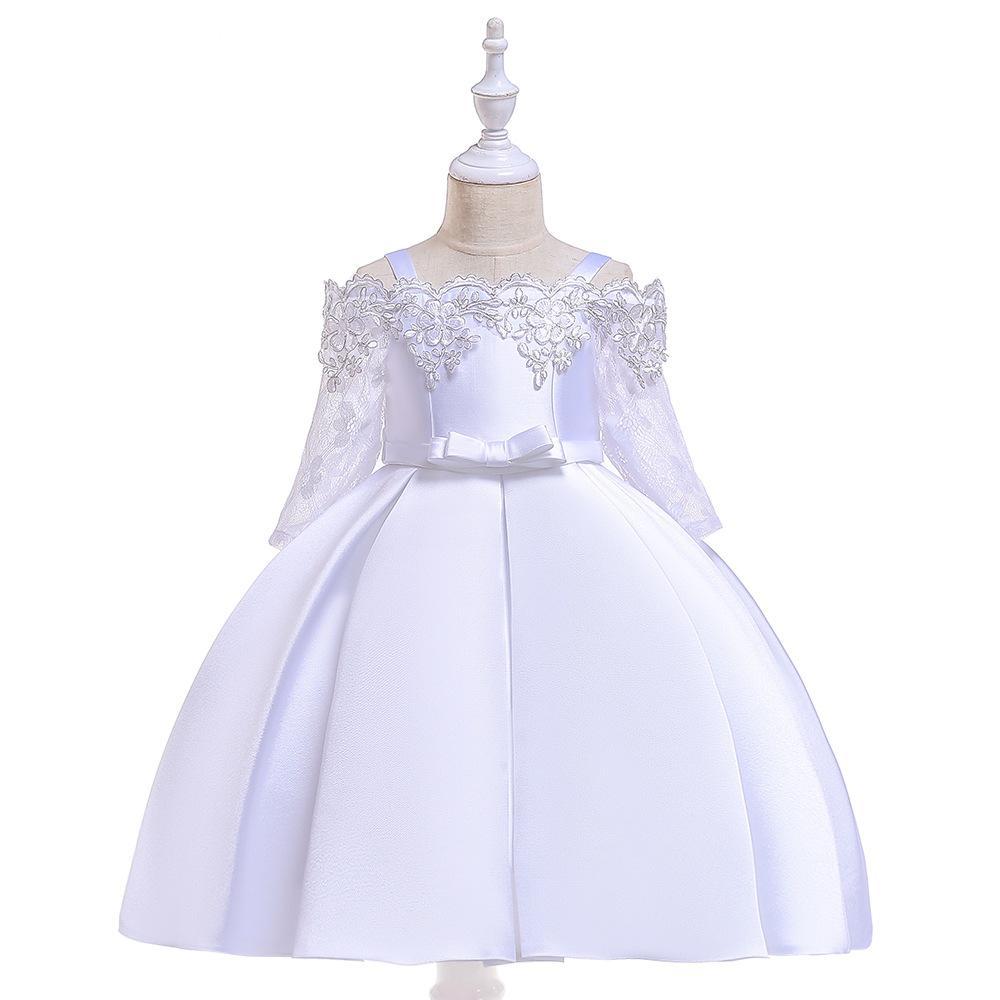 Nueva ropa infantil: vestido de princesa para niñas con tirantes descubiertos, vestido de manga larga con encaje calado, vestido bordado de satén.
