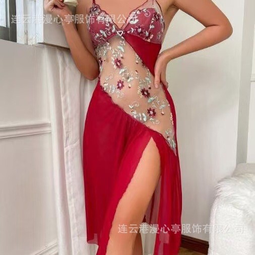 2026 European and American cross-border new style pure desire nightgown, sexy hollow mesh see-through irregular embroidered floral camisole dress 2026 European and American cross-border new style pure desire nightgown, sexy hollow mesh see-through irregular embroidered floral camisole dress