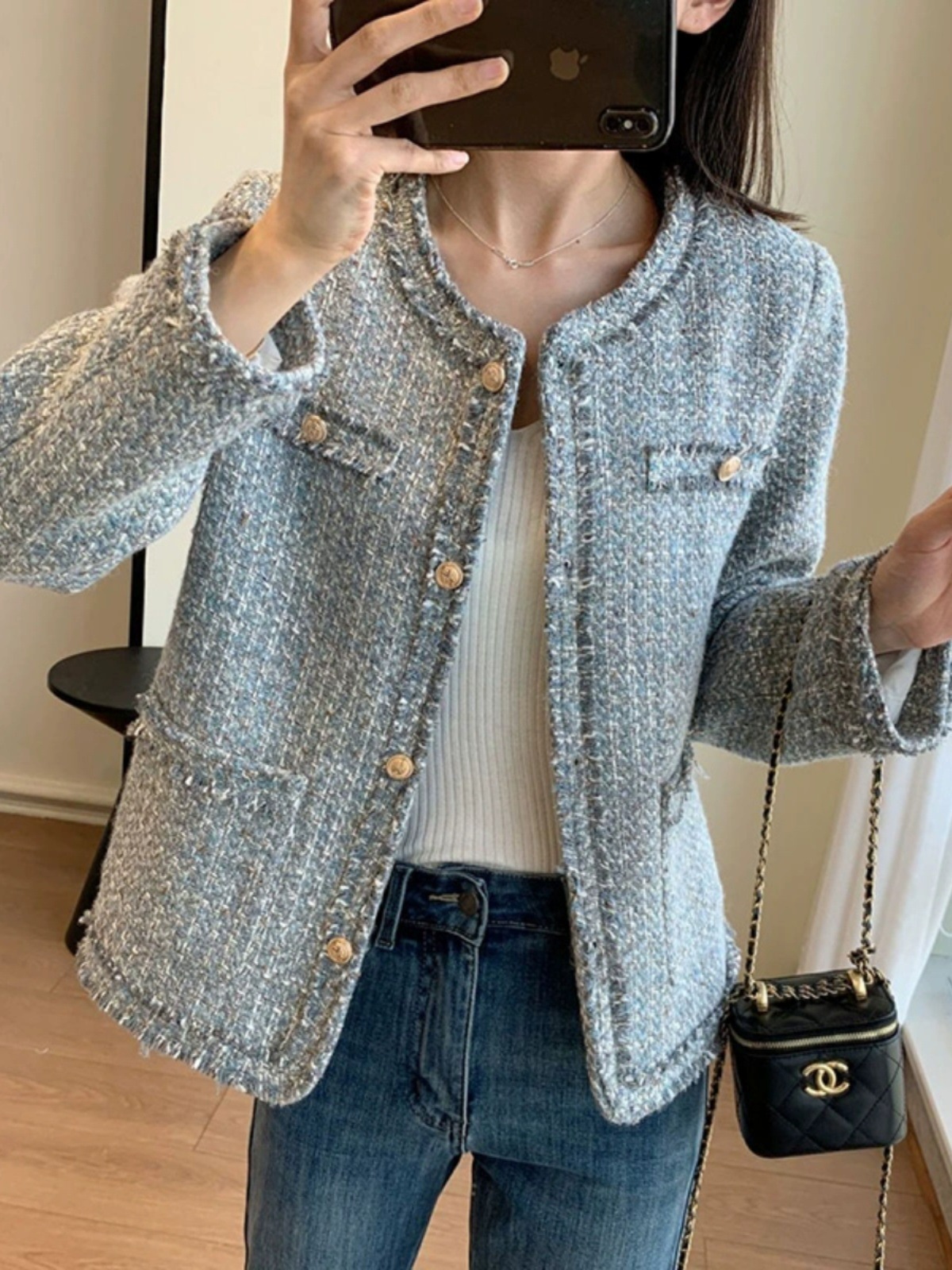 Icelandic Gray Blue! Handmade Workshop Tweed Woven Loose Chanel-Style Jacket for Women, New Spring Elegant Top