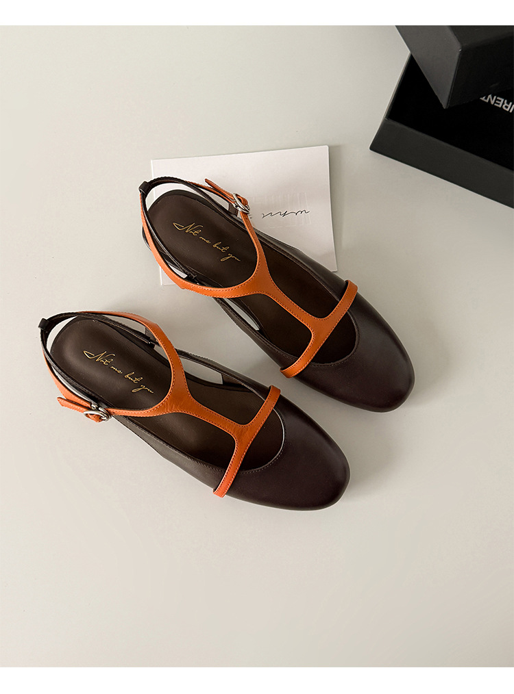Sandal nữ quai chữ T bít mũi đế bệt da bò phối màu phong cách Hàn — màu nâu chi tiết 23