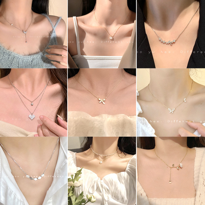 Korean Jewelry Necklace Fairy Temperament Wild Simple Necklace Niche Diamond Bow Love Collarbone Chain Wholesale