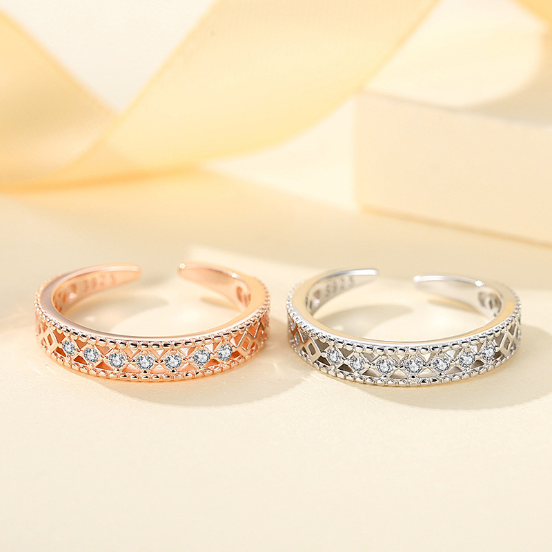 S925 plata esterlina transfronteriza dedo índice hueco solo anillo femenino estilo europeo y americano Luz de lujo micro incrustaciones moda anillo abierto moda venta al por mayor