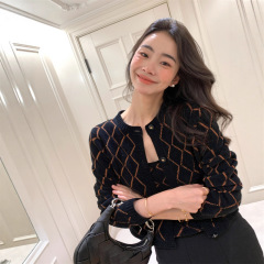 港米 特种纱镂空提花羊毛针织衫套装女秋冬开衫背心两件套上衣