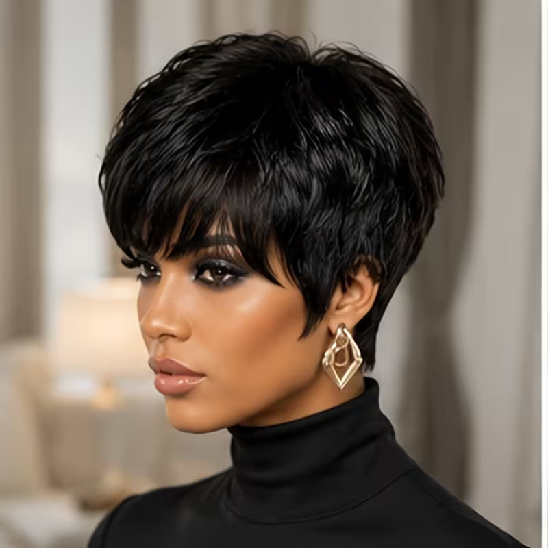 Cross-border European and American black pixie short hair wigs, layered bangs pixie cut wigs for African women, wholesale
