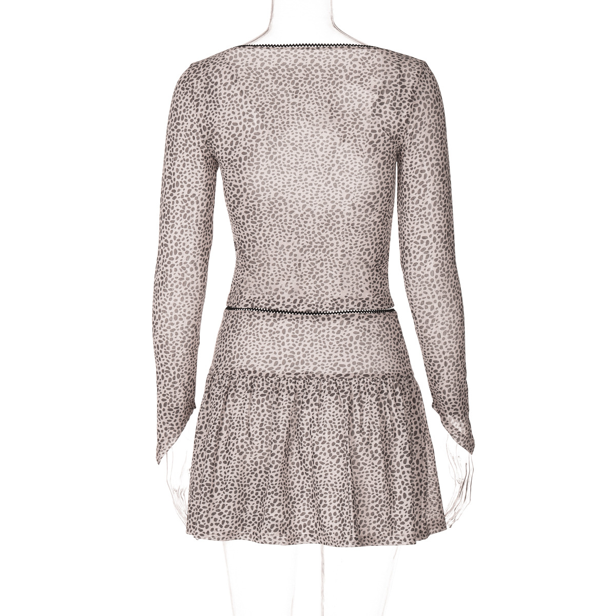 Women Summer Leopard Print Printed Sexy V neck Cardigan Strap Long Sleeved T shirt Miniskirt Set