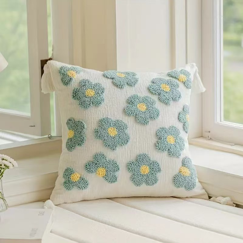 Cojín decorativo Chenille 2024, nuevo modelo, con flores pequeñas bordadas en tres dimensiones, para cabecera, dormitorio, sala de estar, ventana, con un toque de diseño.