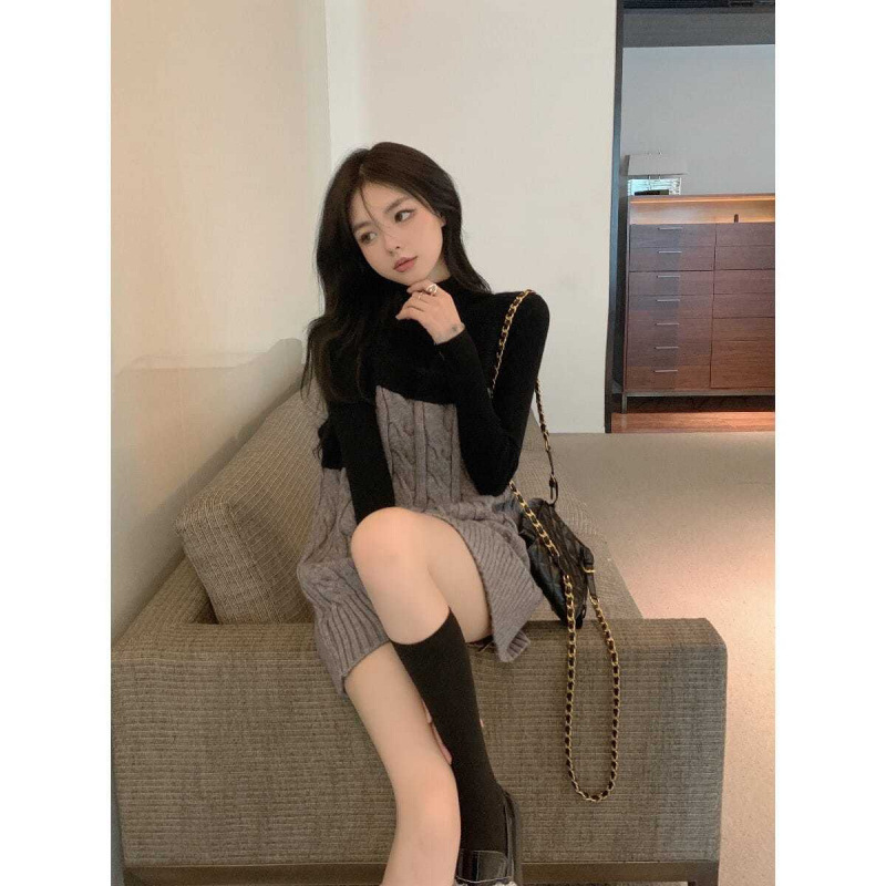 싱글 | 세트 겨울 바느질 느슨한 니트 슬링 원피스 터틀넥 슬림 핏 슬리밍 니트베이스 셔츠 탑