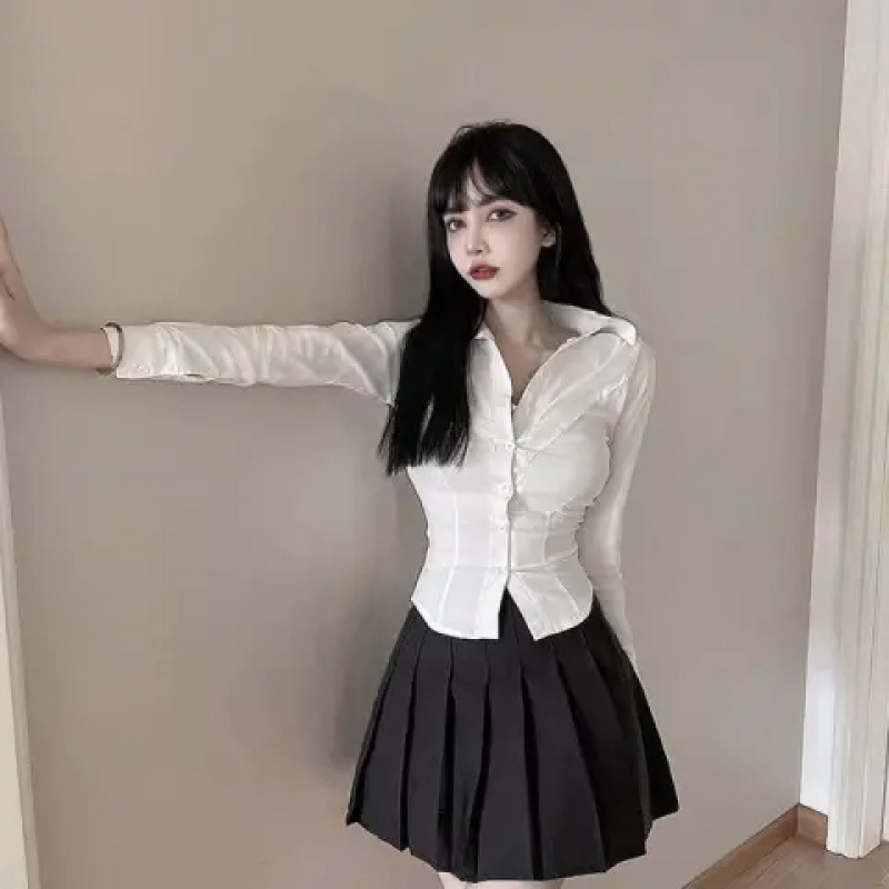 Waist-Cinching Jk Uniform Shirt, Pure Desire Style, White Long-Sleeve Slim-Fit Hot Girl Shirt for Women, Spring and Autumn Season