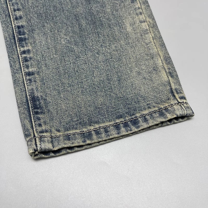 Men's Heavyweight Washed Distressed Denim Jeans Casual Tapered Straight Leg mid Waist Cotton Zipper Fly with Patches Embroidered Prints_mkmklike.com