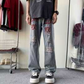 潮牌复古印花破洞牛仔裤男春秋美式vibe裤子痞帅宽松高街直筒长裤