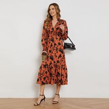 2024亚马逊wish独立站跨境货源秋冬新款V领长袖高腰碎花连衣裙女