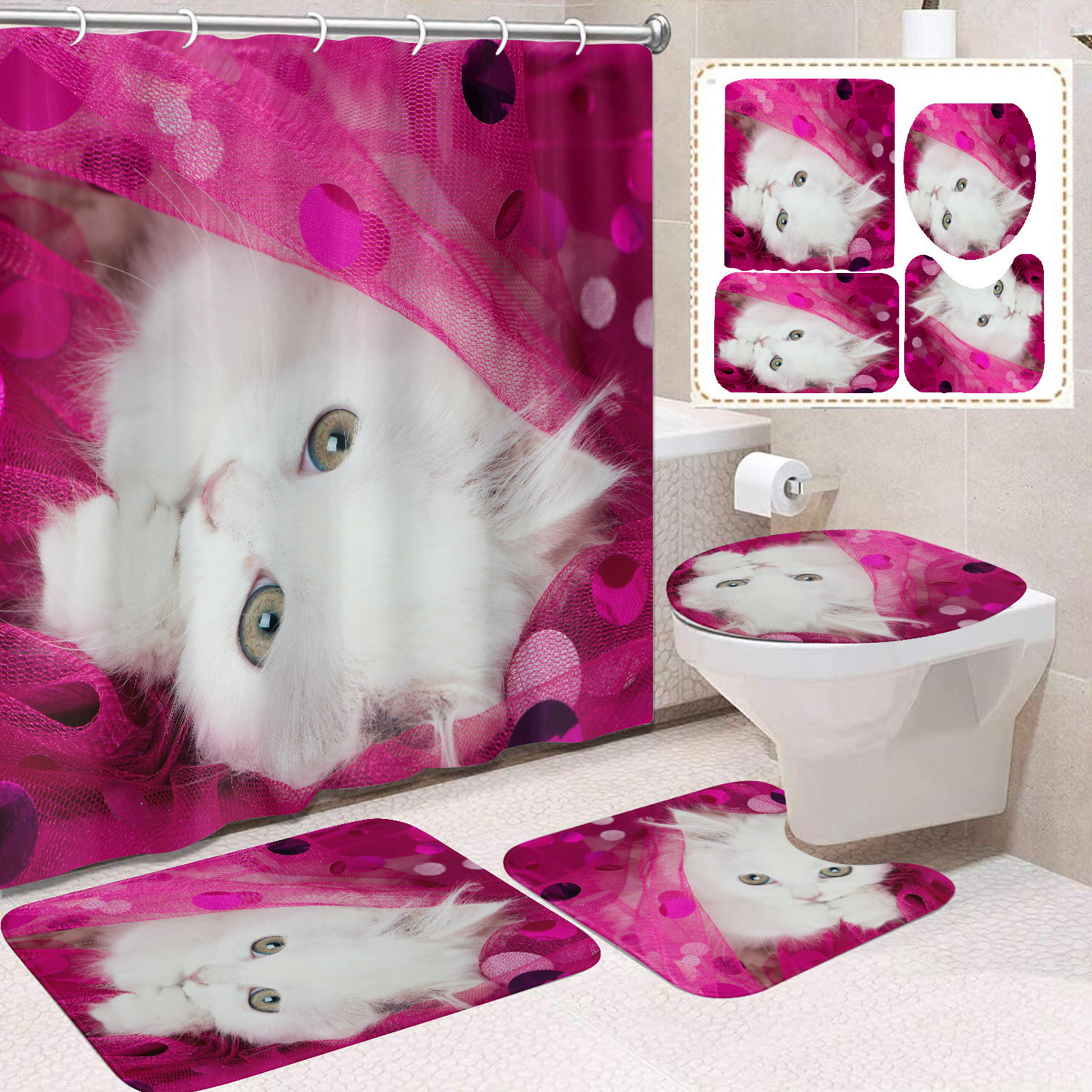 Fuente de fabricantes Amazon animales gatos niños cortina de ducha impermeable a prueba de moho cortina de ducha inodoro partición de baño divertido