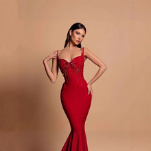 现货欧美跨境高端手工钉珠气质性感抹胸红色高定晚宴绝美绷带长裙
