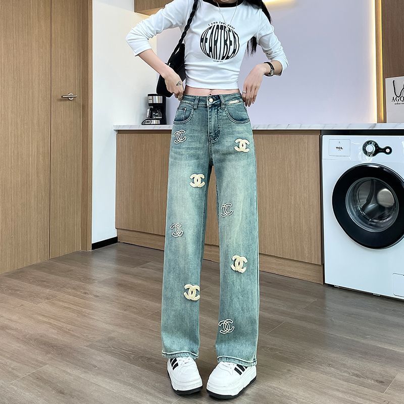 欧洲站个性街头刺绣牛仔裤女新款高腰显瘦宽松垂感百搭直筒阔腿裤|undefined