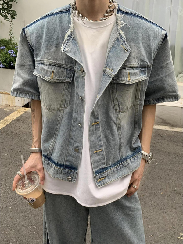 Washed Denim Vest Men's 2024 New American Short Button Motorcycle Fashion Brand Jacket Short Sleeve Spring and Autumn Jacket