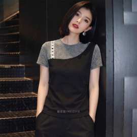 【莱雅1×1随心裁】撞色假两件亮丝圆领短袖T恤女夏2026新款韩版