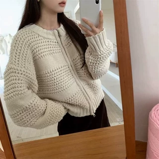 韩国波浪纹设计感时尚百搭粗毛线拉链针织开衫女秋冬加厚休闲毛衣