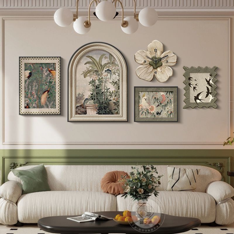 T5J French Antique Living Room Decoration Painting Jaipur Garden Sofa Background Wall Hanging Painting Retro Art Combination Wall