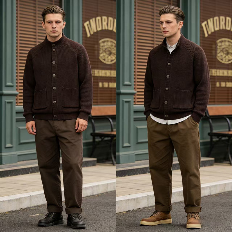 OKONKWO Raglan Sleeve Men's and Women's Wool Sweater Thick Solid Color Collar Wool Cardigan Knitwear Jacket Sweater