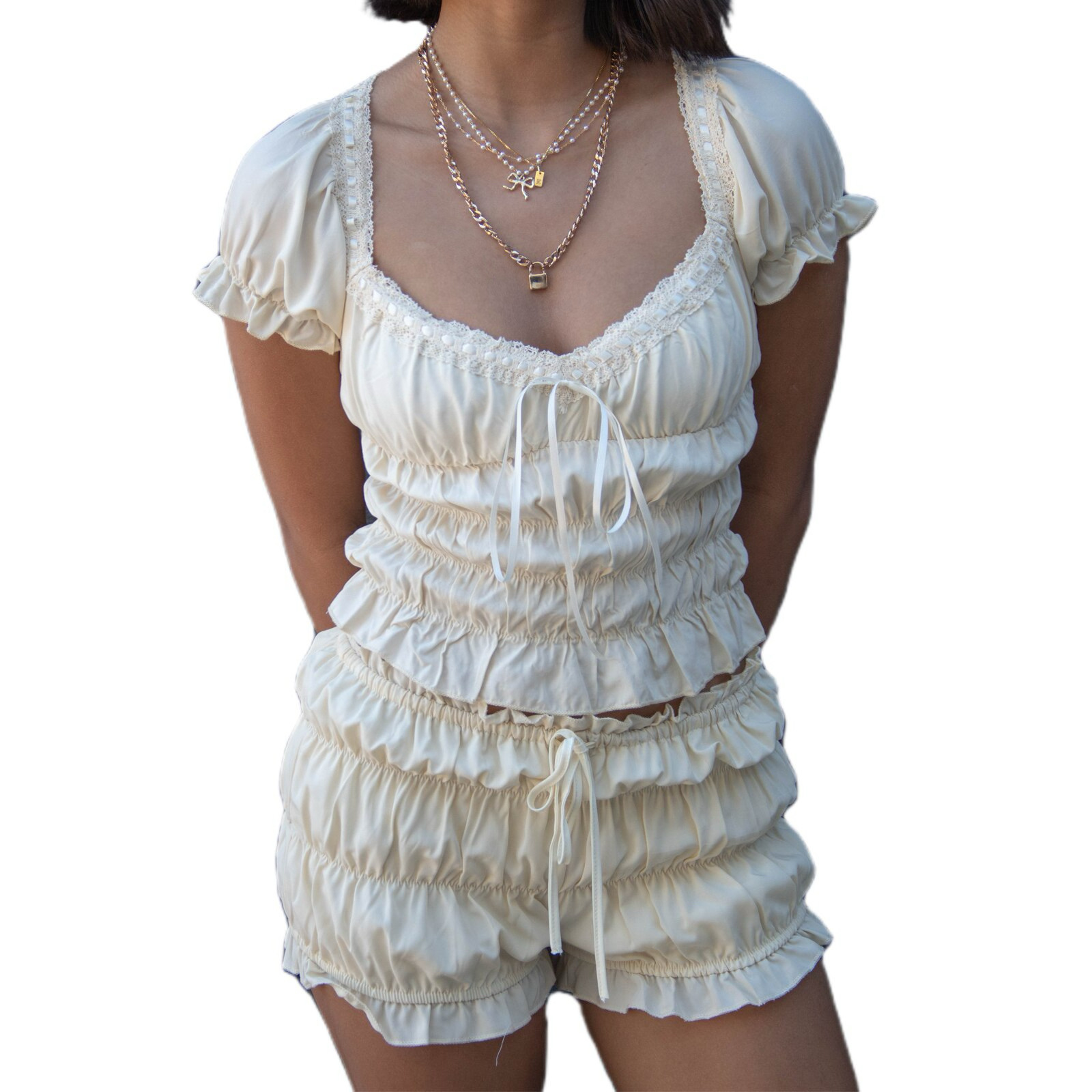 2025新跨境独立站欧美女装抽褶弹性感荷叶边修身泡泡袖花边上衣套