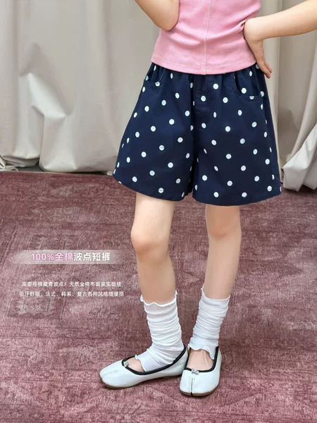 Aimobebbe Girls' Summer French Retro Vibe Navy Blue Polka Dot Casual Loose Versatile Cotton Shorts