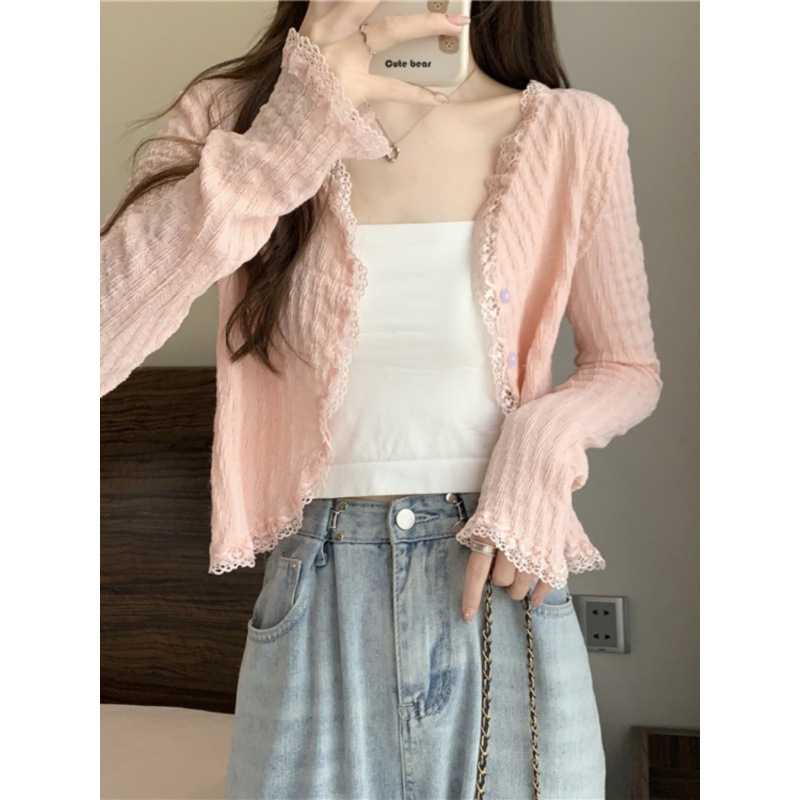 Pure Pink Ice Silk Knitted Cardigan Women's Summer Thin Outer Shawl Air Conditioning Blouse Sunscreen Jacket Top