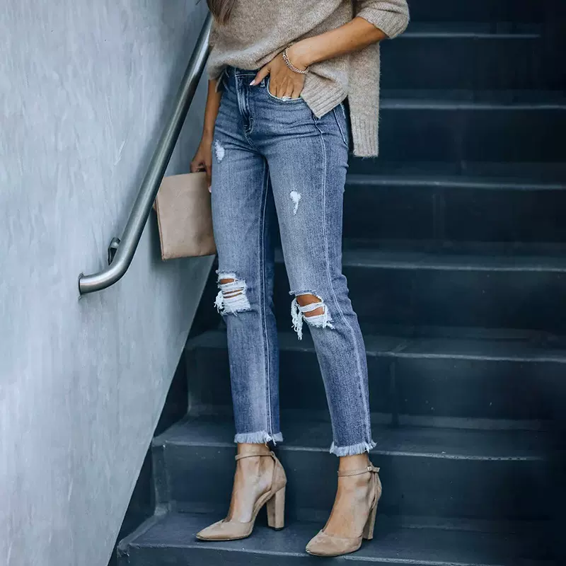 2021跨境亚马逊独立站破洞流苏弹力中腰小直筒牛仔裤女超火热