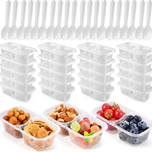 20Pcs Double-Compartment Seasoning Box with Fork, Take-Out Packaging Box, Thickened, Reusable, Transparent Box, 200ml