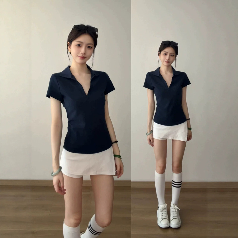 Korean-Style Navy Blue Polo Shirt V-Neck Short-Sleeved T-Shirt for Women 2026 Summer New Style Hot Girl Slim Fit Waist-Slimming Top