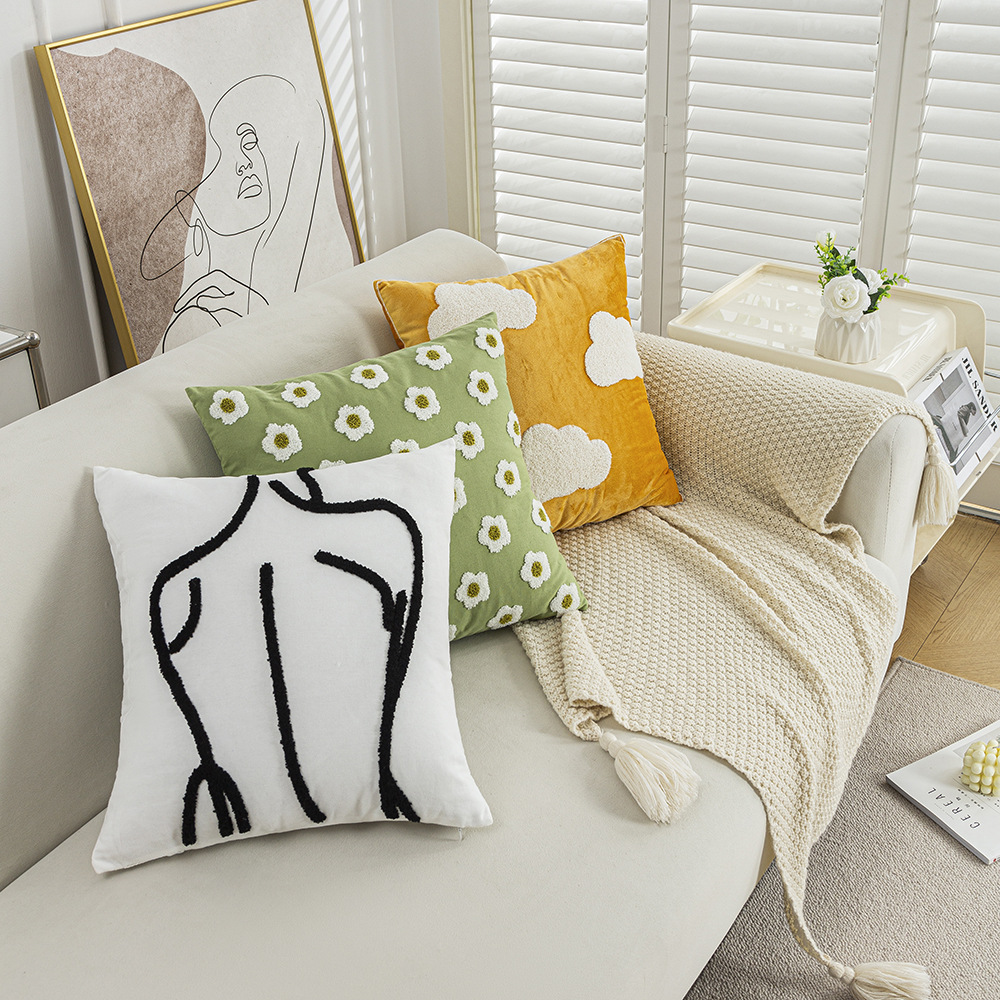 Towel Embroidered Flower Pillow Case Simple Home Living Room Sofa Decorative Cushion Cover Bay Window Daisy Pillow Case