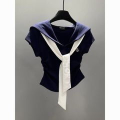 韩系学院风时尚撞色海军领短袖恤女2025夏季新款修身显瘦上衣