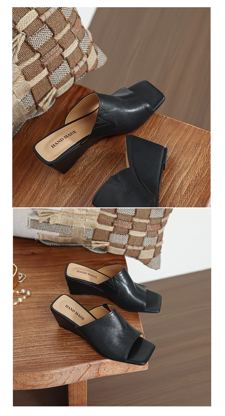 Sandal cao gót nữ hở mũi da bò mũi vuông quai ngang đế xuồng — màu đen, Màu caramel chi tiết 12