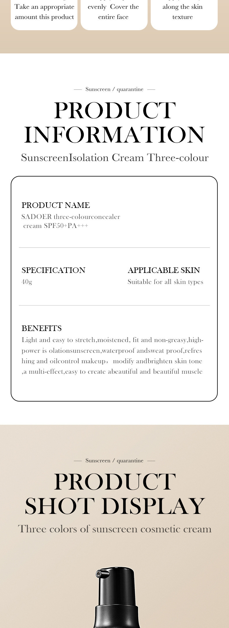 Cross-border foreign trade SADOER three-color sun protection cream uniform skin color before makeup base isolation protective cream