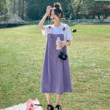 多巴胺紫色背带裙夏季女2024新款韩系宽松学院风小个子连衣裙套装