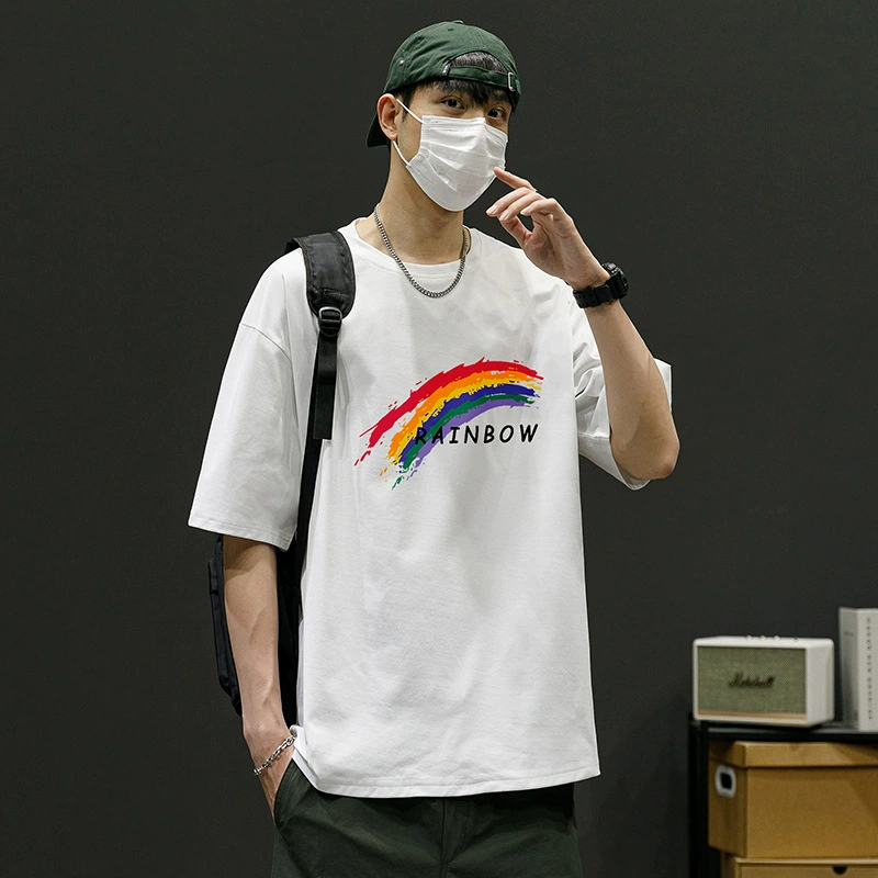 Летняя футболка с короткими рукавами, мужская повседневная свободная рубашка большого размера с половиной рукавов, молодежная студенческая футболка, мужская радужная футболка
