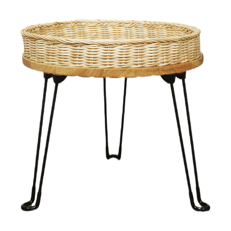 Sofá plegable de estilo nórdico, mesa redonda de madera maciza de caña, mesa de té portátil simple para acampar al aire libre