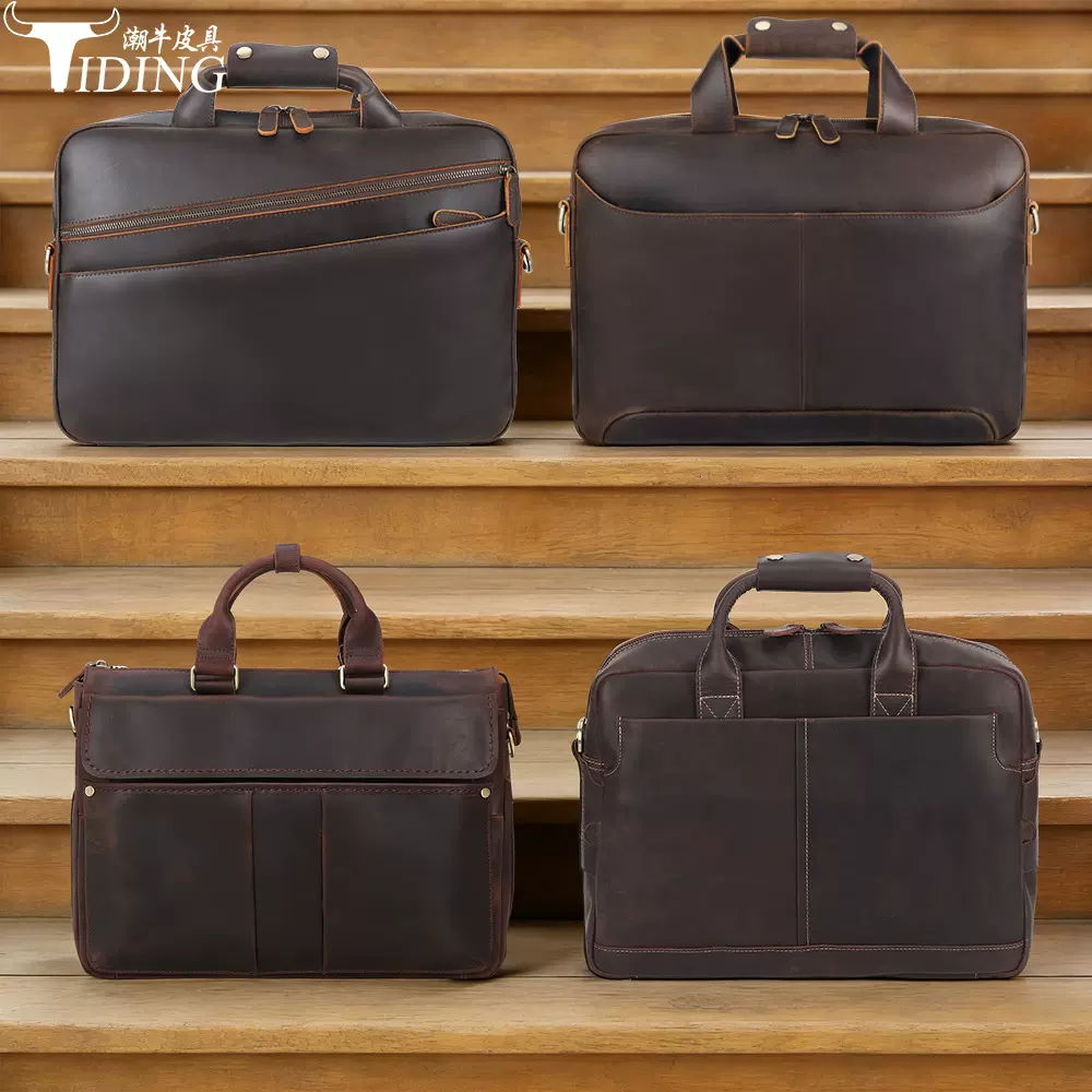潮牛跨境真皮复古单肩挎包15.6寸手提电脑包头层疯马皮出差公文包