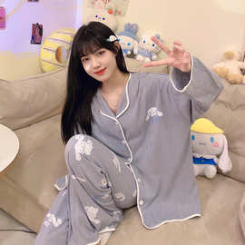 睡衣女春秋款开衫长袖长裤网红女士甜美加大码宽松休闲小香风套装