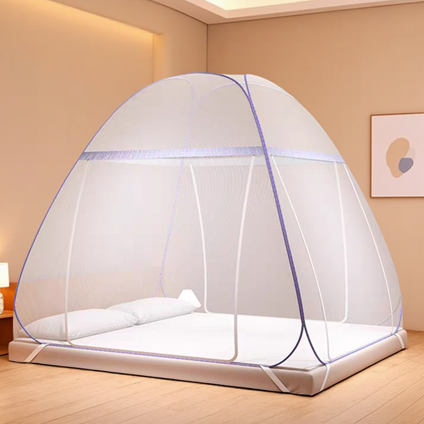 New Anti-Fall Mosquito Net for Home Bedroom, No Installation Required, Steel Wire Mongolian Yurt, Baby and Child Anti-Fall Bed Full-Cover Pattern Encryption