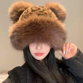 豹纹毛绒耳朵蒙古帽秋冬加厚保暖毛绒帽防风帽女仿貂毛雷锋帽成人